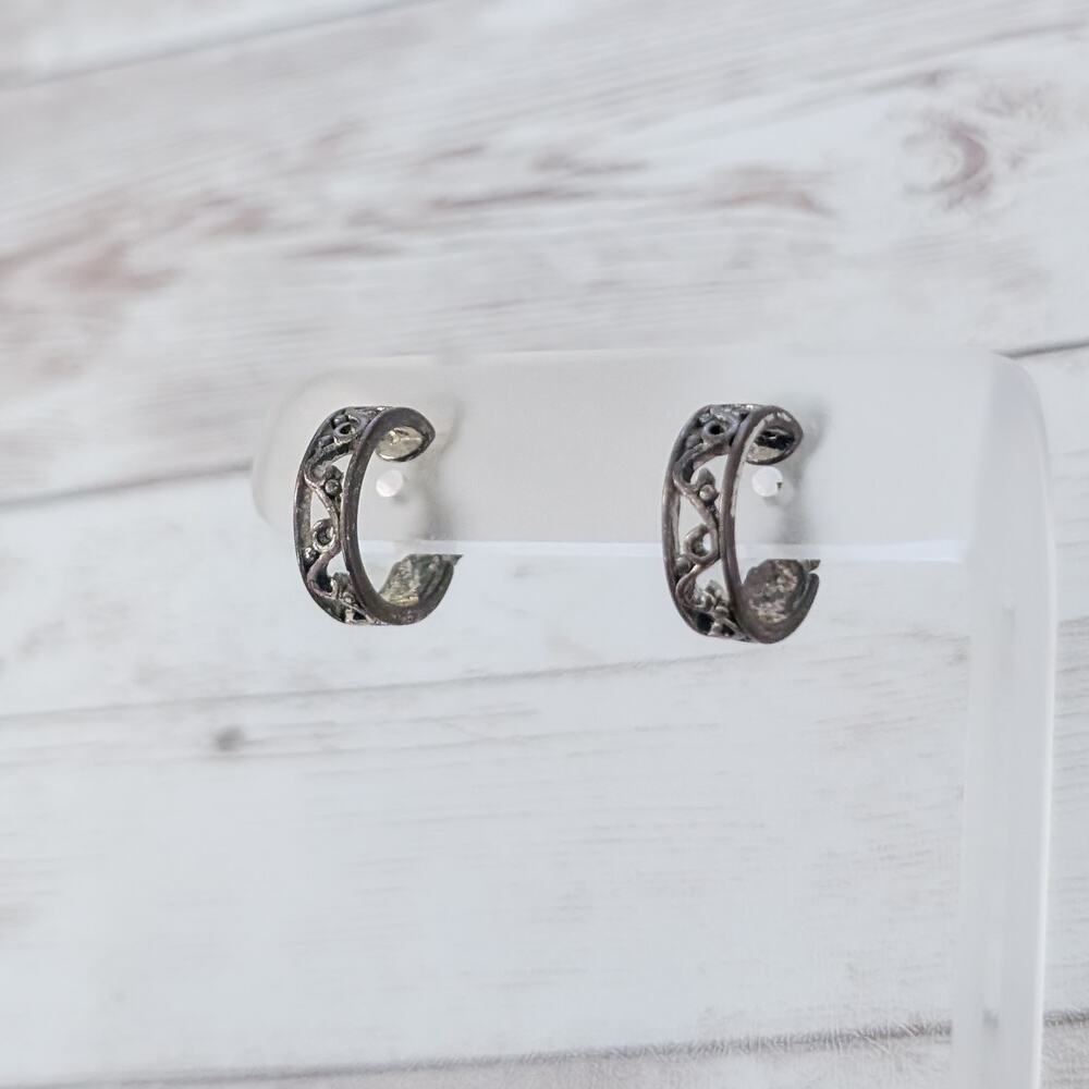 Vintage Clip On Earrings Ornate Hoops - Very Heavy Tarnish & Discoloration